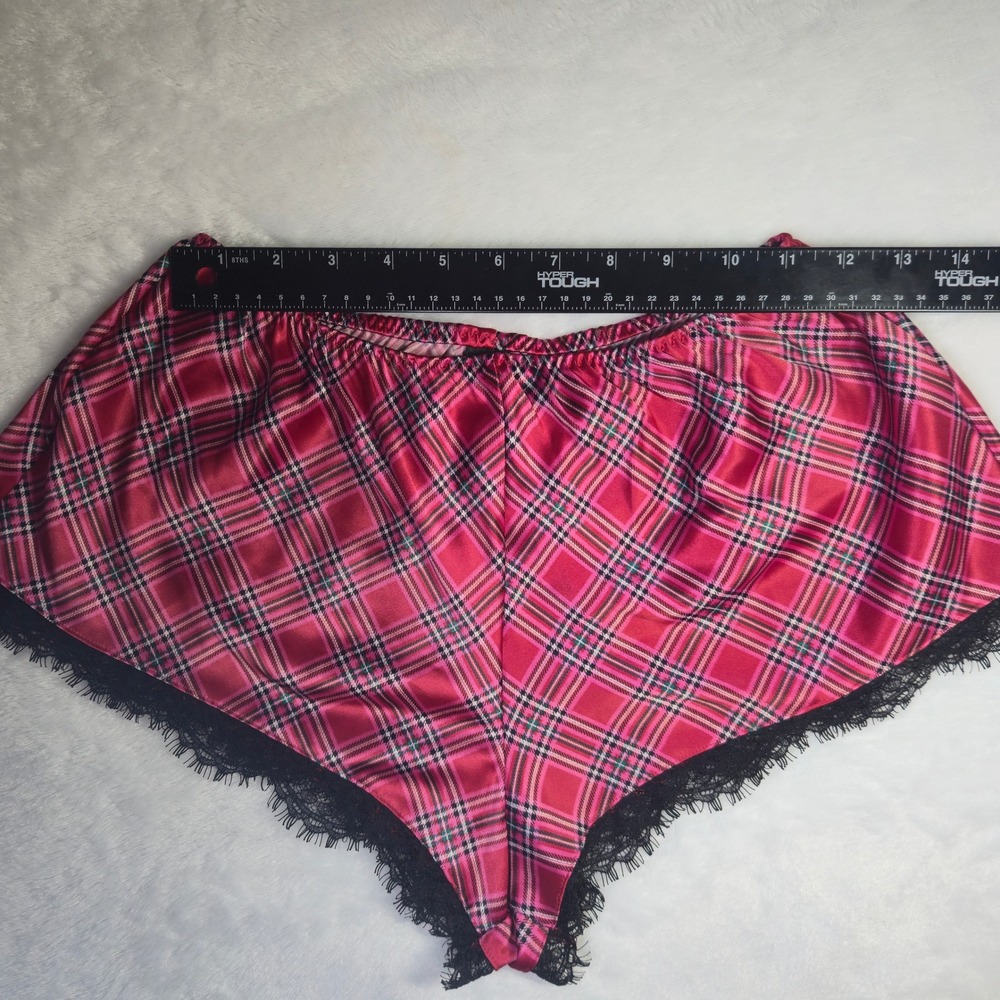 Red Plaid Satin Pajama Shorts with Black Eyelash Lace Trim Sleepwear Loungewear - Picture 2 of 5